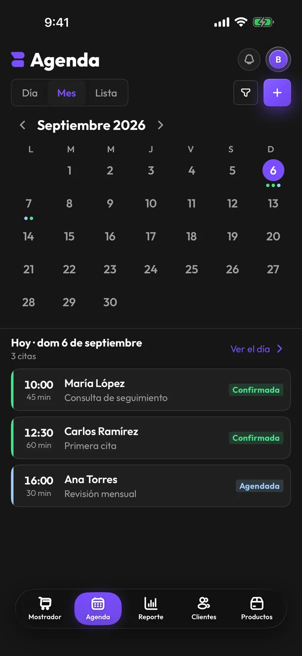 Pantalla de agenda de la app: las citas de hoy y de mañana con su hora, duración, cliente y estado.