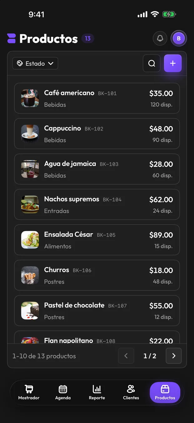 Pantalla de productos de la app: cada producto con su código, categoría, precio y existencias.