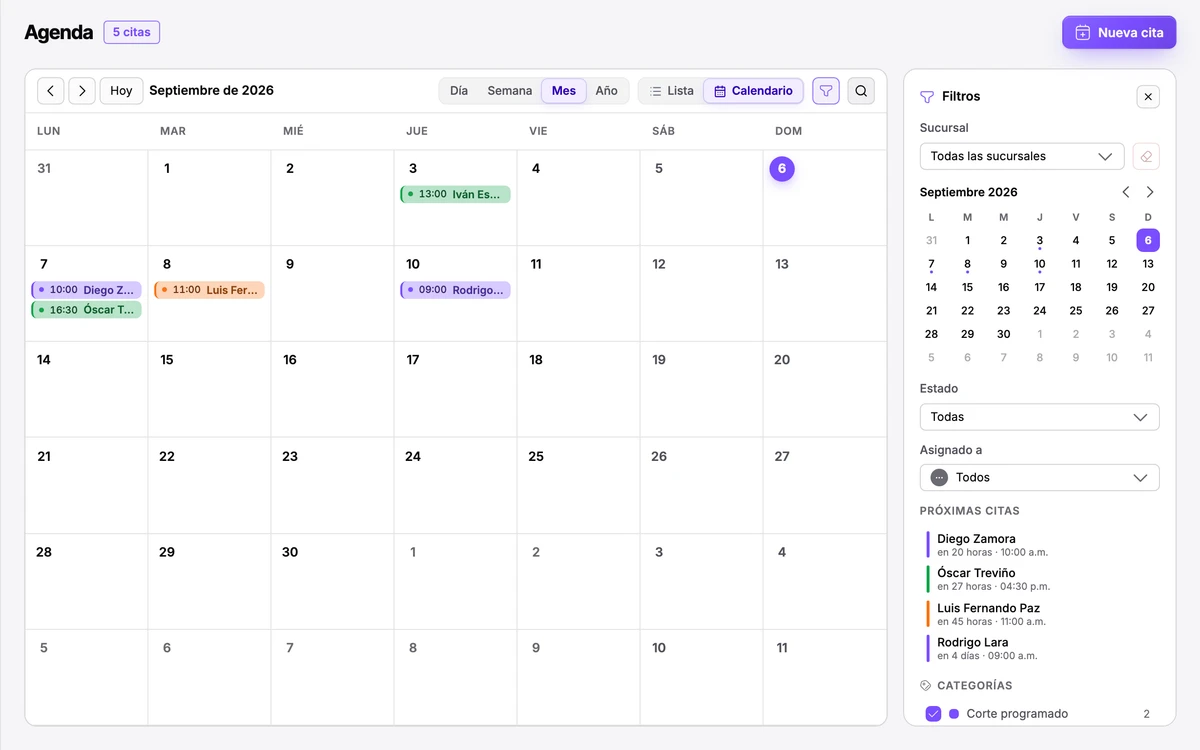 Agenda de Braniik en vista de mes: citas con su categoría de color, filtros por sucursal y las próximas citas