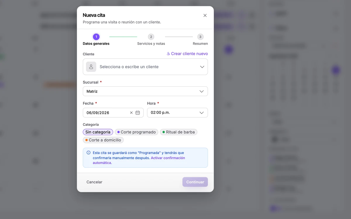 Formulario de nueva cita: cliente, servicio, sucursal, responsable, fecha y hora
