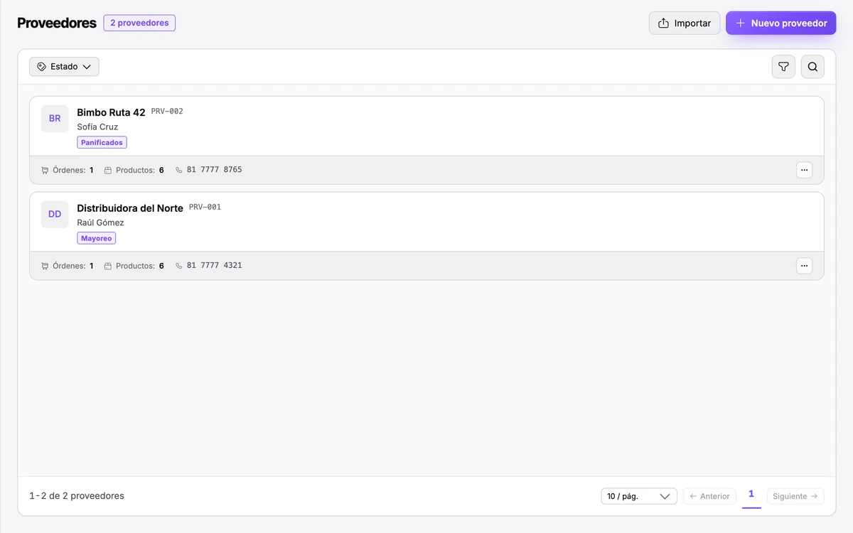 Proveedores: cada uno con su contacto, giro, órdenes y productos ligados