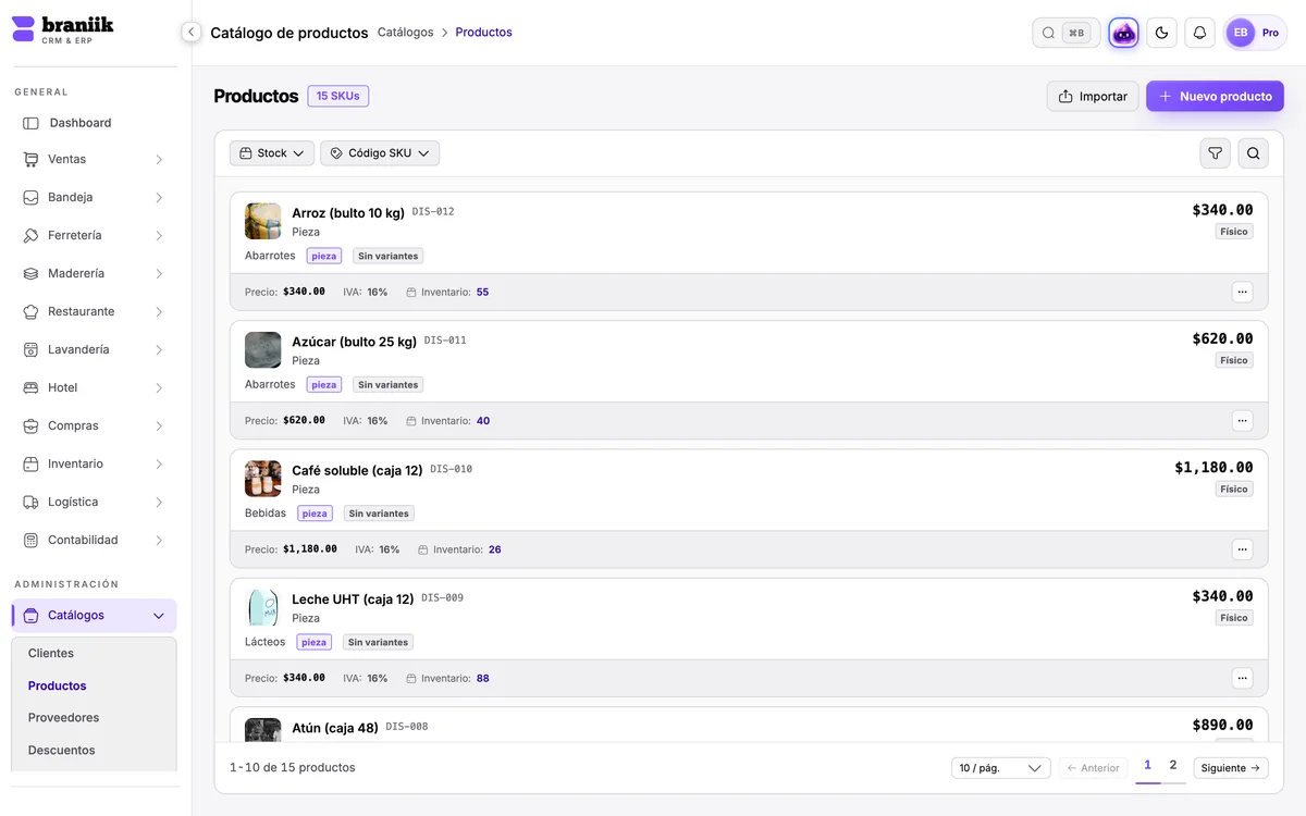 Catálogo de productos con precio, IVA e inventario