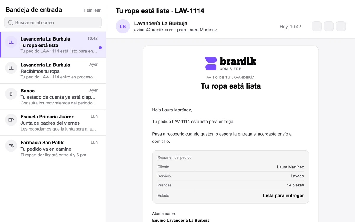 Correo que recibe el cliente: «Tu ropa está lista», con el folio, el servicio, las prendas y el estado del pedido