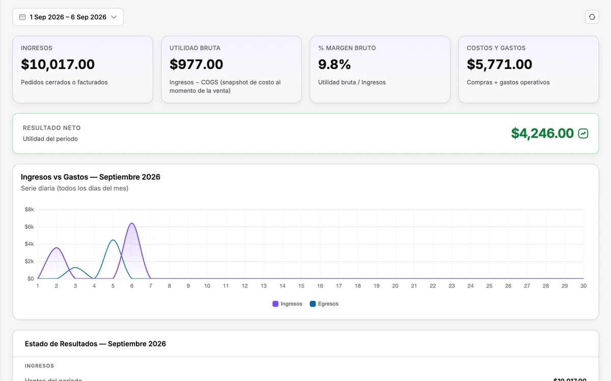 Estado de resultados: ingresos, utilidad bruta, margen, costos y gastos, resultado neto y la serie diaria de ingresos contra gastos